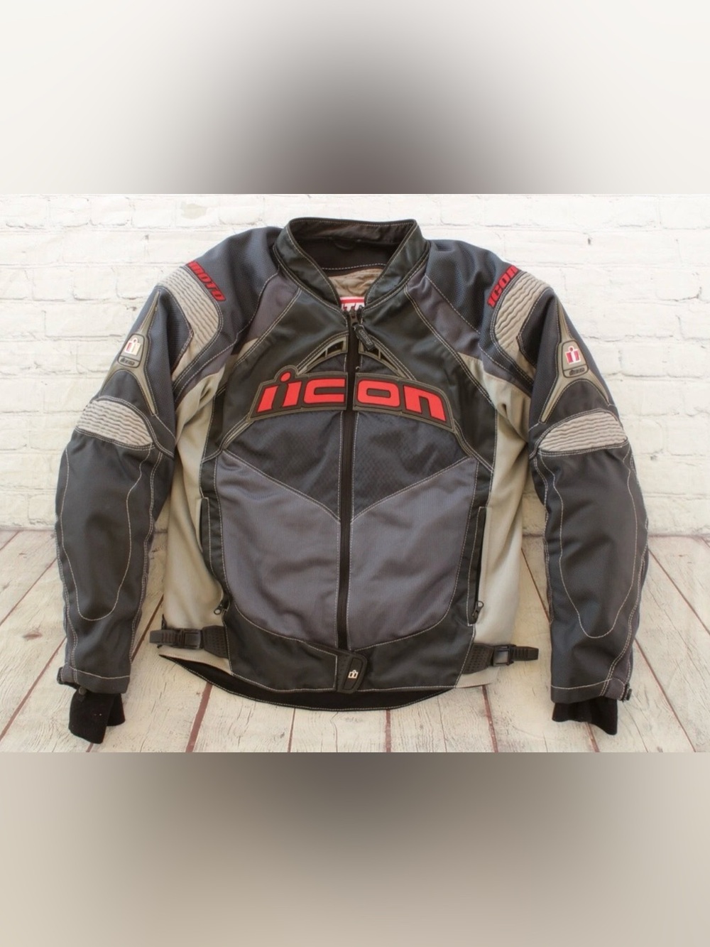 Mens ICON Contra Gray Textile Patched Motorcycle Jacket w/ Lining Padded Sz Lg